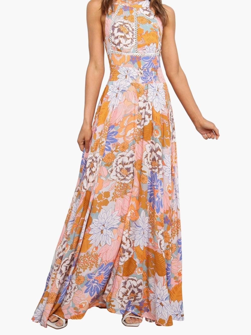 Petal & Pup Floral Halter Maxi Dress in Orange, Pink & Blue